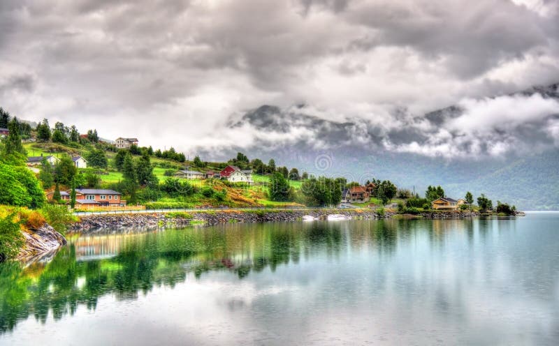 View of Sognefjorden fjord at Sogndal village in Norway. View of Sognefjorden fjord at Sogndal village in Norway