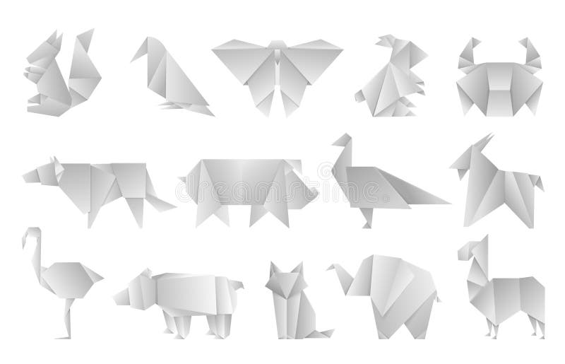Άσπρα ζώα origami Γεωμετρικές διπλωμένες μορφές εγγράφου, αφηρημένα πρότ διανυσματική απεικόνιση