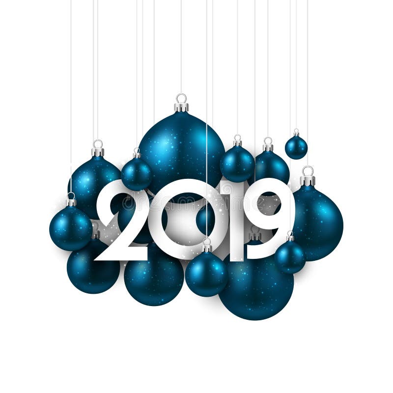 Άσπρη εορταστική κάρτα έτους του 2019 νέα με τις μπλε σφαίρες Χριστουγέννων διανυσματική απεικόνιση Άσπρη εορταστική κάρτα έτους του 2019 νέα με τις μπλε σφαίρες Χριστουγέννων διανυσματική απεικόνιση