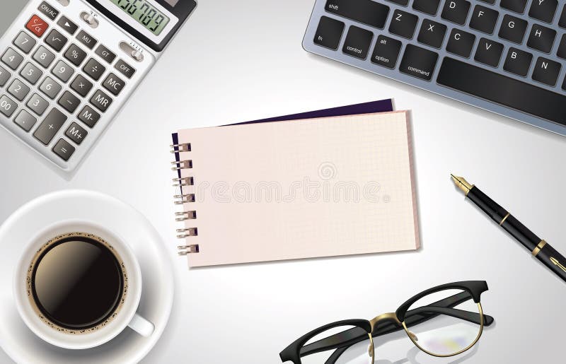 Άσπρος πίνακας γραφείων γραφείων με το lap-top, τον υπολογιστή, τη μάνδρα, το φλιτζάνι του καφέ, το σημειωματάριο και το γυαλί Η στοκ εικόνες με δικαίωμα ελεύθερης χρήσης Άσπρος πίνακας γραφείων γραφείων με το lap-top, τον υπολογιστή, τη μάνδρα, το φλιτζάνι του καφέ, το σημειωματάριο και το γυαλί Η στοκ εικόνες με δικαίωμα ελεύθερης χρήσης