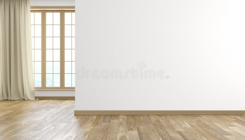Άσπρος τοίχος και ξύλινο εσωτερικό δωματίων πατωμάτων σύγχρονο φωτεινό κενό η τρισδιάστατη απεικόνιση δίνει