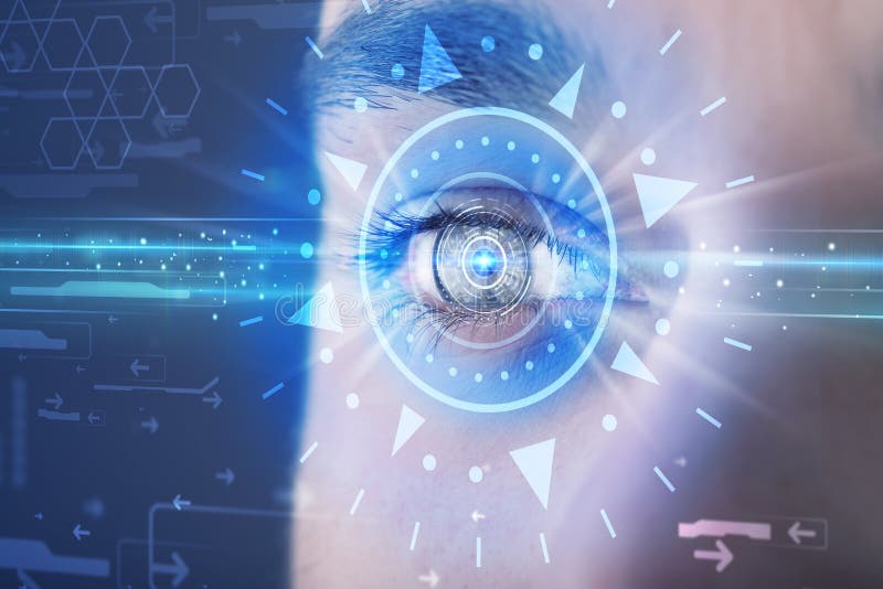 Άτομο Cyber με το technolgy μάτι που εξετάζει την μπλε ίριδα απεικόνιση αποθεμάτων