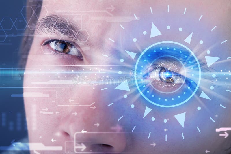 Άτομο Cyber με το technolgy μάτι που εξετάζει την μπλε ίριδα διανυσματική απεικόνιση Άτομο Cyber με το technolgy μάτι που εξετάζει την μπλε ίριδα διανυσματική απεικόνιση