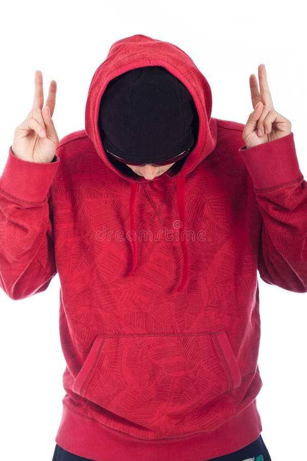 Hip Hop man in red hoody posing on white background. Hip Hop man in red hoody posing on white background.