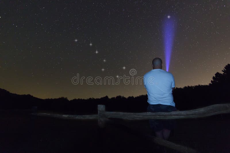 Man with a flashlight pointing to Polaris star. North star. Starry night Ursa Major, Big Dipper constellation. Beautiful night sky. Clear sky concept and background. Man with a flashlight pointing to Polaris star. North star. Starry night Ursa Major, Big Dipper constellation. Beautiful night sky. Clear sky concept and background.