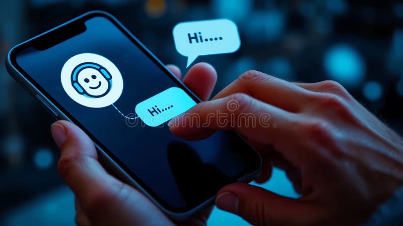 Άτομο που αλληλεπιδρά με ένα ai chatbot σε smartphone με ένα φιλικό emoji διανυσματική απεικόνιση