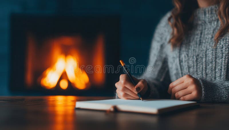 Άτομο που γράφει σε σημειωματάριο δίπλα στο τζάκι στο σπίτι το χειμώνα απεικόνιση αποθεμάτων