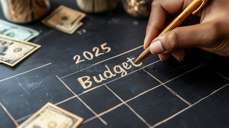 άτομο που εγγράφει τον προϋπολογισμό του 2025 στο ημερολόγιο του πίνακα με χρήματα ελεύθερη απεικόνιση δικαιώματος