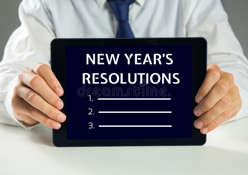 Man holding a digital tablet showing list of new year resolution goals. Man holding a digital tablet showing list of new year resolution goals