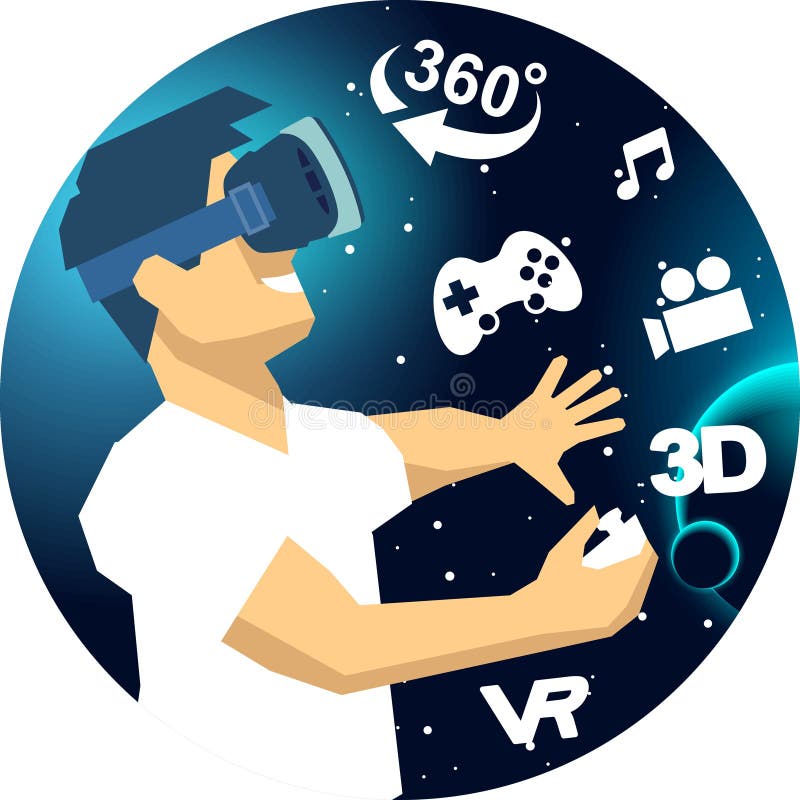 Man in a vr glasses in 3d virtual reality space icons. Man in a vr glasses in 3d virtual reality space icons