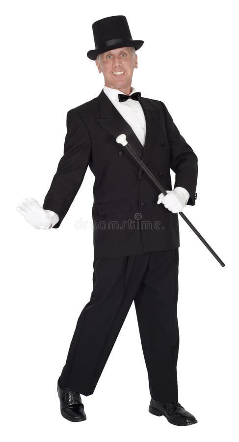 A song and dance man, tap dancer, or dancing. The male is wearing a tuxedo and top hat. Isolated on white. A song and dance man, tap dancer, or dancing. The male is wearing a tuxedo and top hat. Isolated on white.