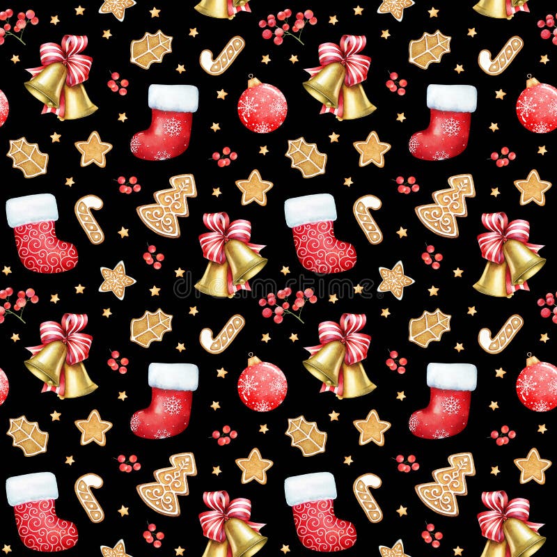 Seamless pattern with watercolor holly berries, gingerbread cookies, golden bells and socks on black background. Christmas and New Year mood. Seamless pattern with watercolor holly berries, gingerbread cookies, golden bells and socks on black background. Christmas and New Year mood