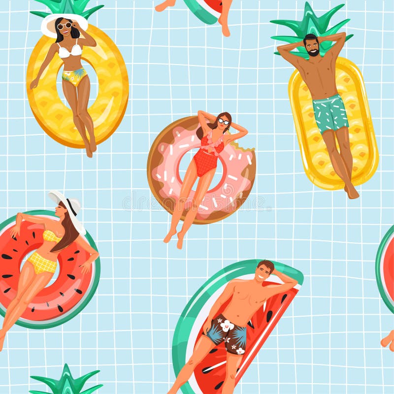 Seamless pattern with happy people floating on inflatable ring. Summer rest and vacation collage. Trendy texture for textile, wrapping paper, scrapbooking, packaging etc. Vector illustration on checkered background. Seamless pattern with happy people floating on inflatable ring. Summer rest and vacation collage. Trendy texture for textile, wrapping paper, scrapbooking, packaging etc. Vector illustration on checkered background