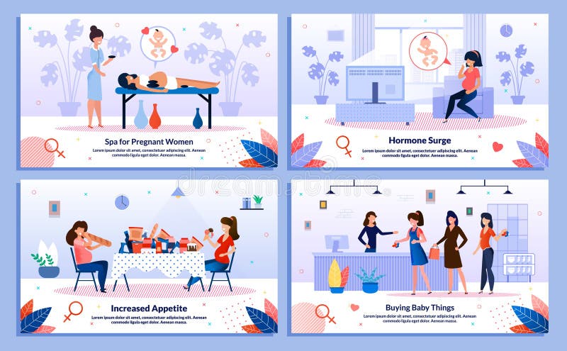 Pregnant Woman Healthy Lifestyle, Shopping for Baby, Hormone Surge, Appetite Trendy Flat Vector Banner, Poster Set. Lady Relaxing in Spa, Feels Mood Changes, Buying Clothing in Store Illustration. Pregnant Woman Healthy Lifestyle, Shopping for Baby, Hormone Surge, Appetite Trendy Flat Vector Banner, Poster Set. Lady Relaxing in Spa, Feels Mood Changes, Buying Clothing in Store Illustration