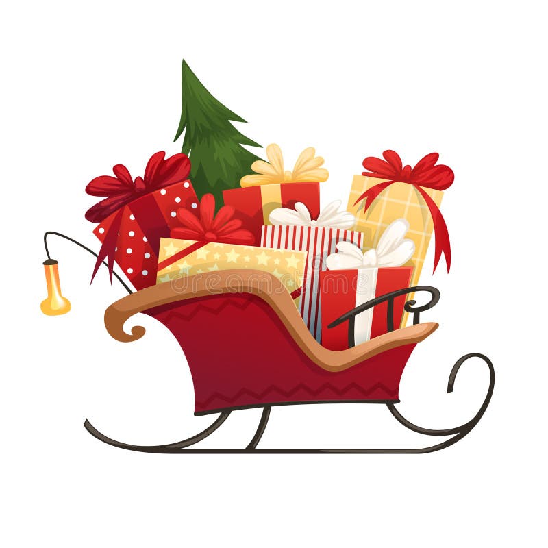 Santa`s sleigh with Christmas gifts boxes with bows and Christmas tree. Vector illustration. Santa`s sleigh with Christmas gifts boxes with bows and Christmas tree. Vector illustration