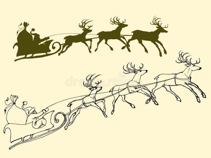 Santa`s sleigh of deers, outline and silhouette design elements. Santa`s sleigh of deers, outline and silhouette design elements