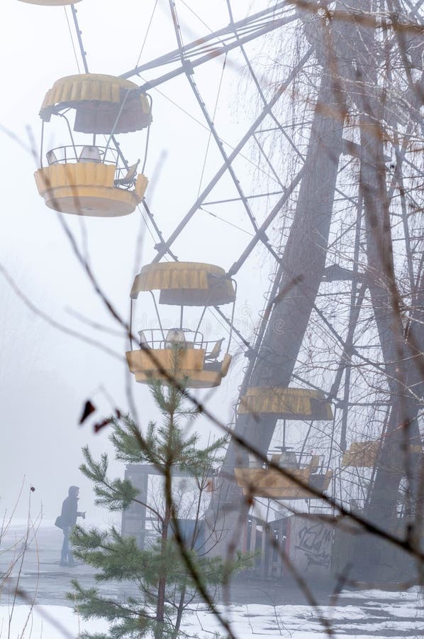 Έλξη ροδών ferris σκουριάς στην ομίχλη πίσω από τα δέντρα εγκαταλειμμένο στο χειμώνας λούνα παρκ στοκ εικόνα με δικαίωμα ελεύθερης χρήσης Έλξη ροδών ferris σκουριάς στην ομίχλη πίσω από τα δέντρα εγκαταλειμμένο στο χειμώνας λούνα παρκ στοκ εικόνα με δικαίωμα ελεύθερης χρήσης