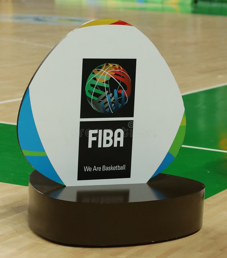 RIO DE JANEIRO, BRAZIL - AUGUST 10, 2016: FIBA emblem at Carioca Arena 1 during the Rio 2016 Olympic Games. RIO DE JANEIRO, BRAZIL - AUGUST 10, 2016: FIBA emblem at Carioca Arena 1 during the Rio 2016 Olympic Games