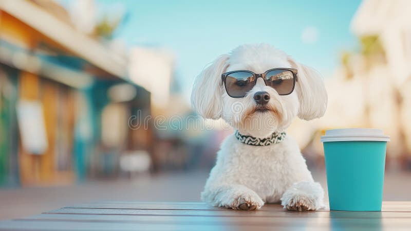 ένα chchwhite dog φοράει γυαλιά ηλίου ενώ κάθεται σε ένα καφενείο πίνοντας καφέ σε ένα ζεστό αστικό περιβάλλον διανυσματική απεικόνιση