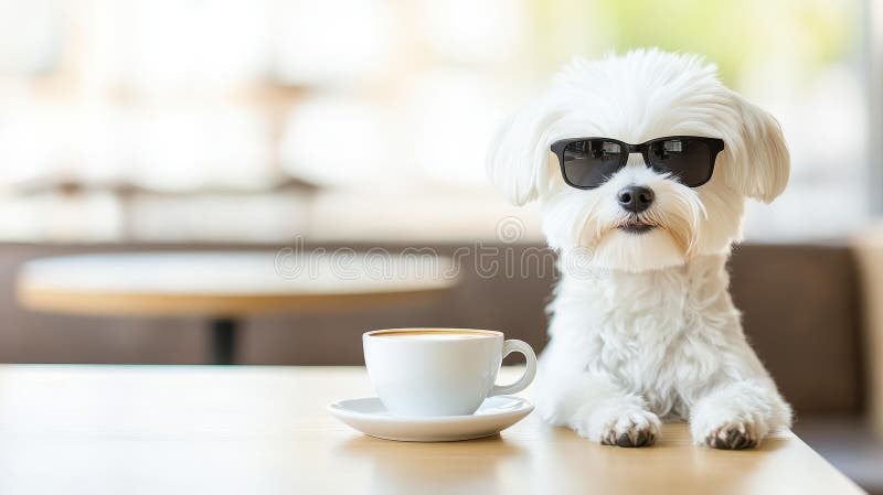 ένα chchwhite dog φοράει γυαλιά ηλίου ενώ κάθεται σε ένα καφενείο πίνοντας καφέ σε ένα ζεστό αστικό περιβάλλον απεικόνιση αποθεμάτων