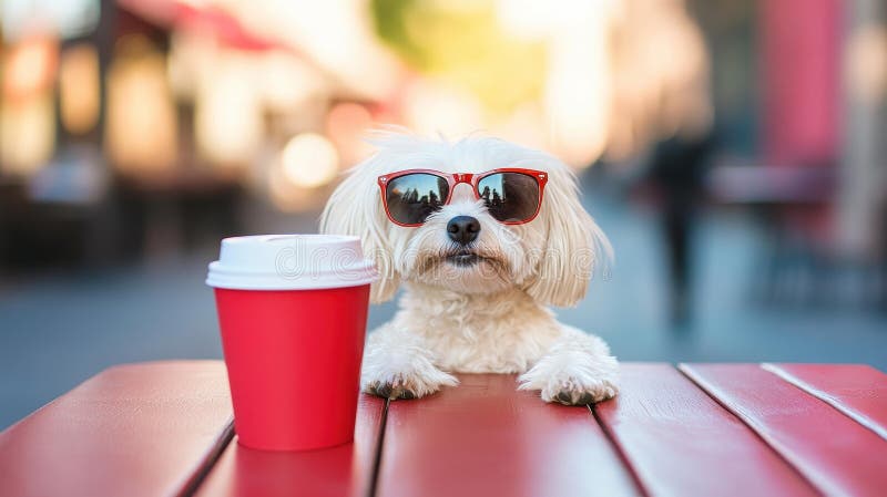 ένα chchwhite dog φοράει γυαλιά ηλίου ενώ κάθεται σε ένα καφενείο πίνοντας καφέ σε ένα ζεστό αστικό περιβάλλον ελεύθερη απεικόνιση δικαιώματος