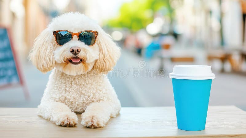 ένα chchwhite dog φοράει γυαλιά ηλίου ενώ κάθεται σε ένα καφενείο πίνοντας καφέ σε ένα ζεστό αστικό περιβάλλον ελεύθερη απεικόνιση δικαιώματος