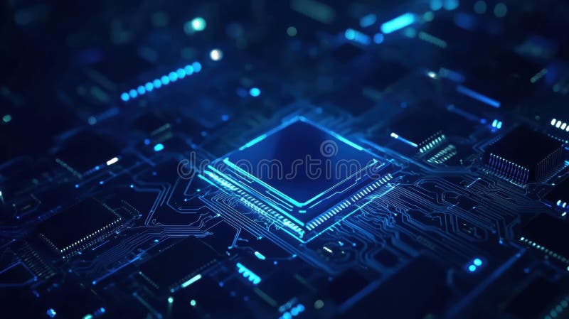 ένα chip ai ξεχωρίζει σε ένα αφηρημένο τεχνολογικό σχέδιο εγκεφάλου σε ένα σκούρο μπλε φόντο που συμβολίζει προηγμένα τεχνητά στοκ φωτογραφία