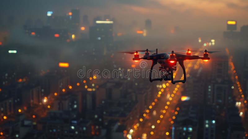 ένα drone εξοπλισμένο με φώτα πετά πάνω από μια πόλη το σούρουπο που αιχμαλωτίζει το αστικό τοπίο, τυλιγμένο σε μια ζεστή λάμψη κά ελεύθερη απεικόνιση δικαιώματος