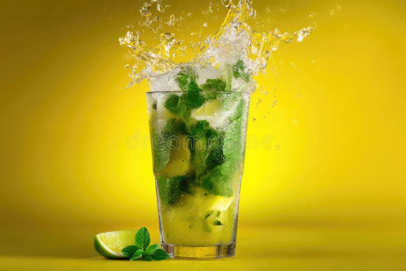 Ένα mojito γεμάτο με φρέσκα φύλλα μέντας και πάγο εκτοξεύεται δραματικά σε ένα φωτεινό κίτρινο φόντο που αιχμαλωτίζει το στοκ εικόνες με δικαίωμα ελεύθερης χρήσης