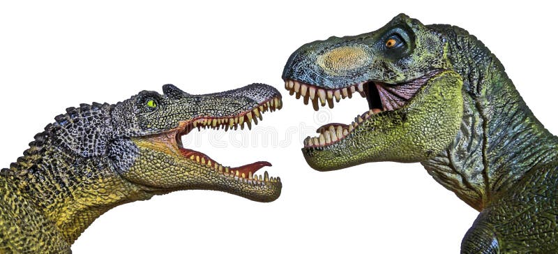 Ένα Spinosaurus αντιμετωπίζει μακριά έναν τυραννόσαυρο Rex στοκ εικόνες με δικαίωμα ελεύθερης χρήσης Ένα Spinosaurus αντιμετωπίζει μακριά έναν τυραννόσαυρο Rex στοκ εικόνες με δικαίωμα ελεύθερης χρήσης