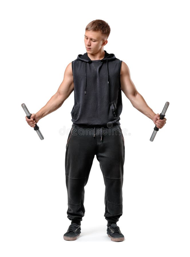 Ένα άτομο sportswear που κρατά έναν κενό φραγμό dumbell σε κάθε χέρι που απομονώνεται στο άσπρο υπόβαθρο στοκ εικόνα Ένα άτομο sportswear που κρατά έναν κενό φραγμό dumbell σε κάθε χέρι που απομονώνεται στο άσπρο υπόβαθρο στοκ εικόνα