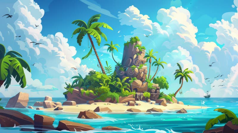 An uninhabited secret pirate island in the ocean with a beach, palm trees, jungle lianas and rocks. Tropical landscape, empty land, background illustration for a game.. AI generated. An uninhabited secret pirate island in the ocean with a beach, palm trees, jungle lianas and rocks. Tropical landscape, empty land, background illustration for a game.. AI generated