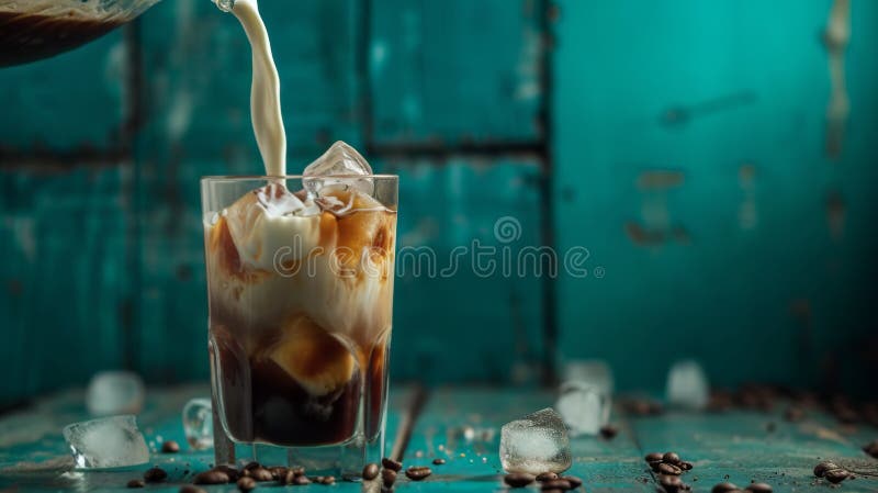 A refreshing glass of iced coffee with milk being poured, creating a beautiful swirl against a rustic blue background. A refreshing glass of iced coffee with milk being poured, creating a beautiful swirl against a rustic blue background.