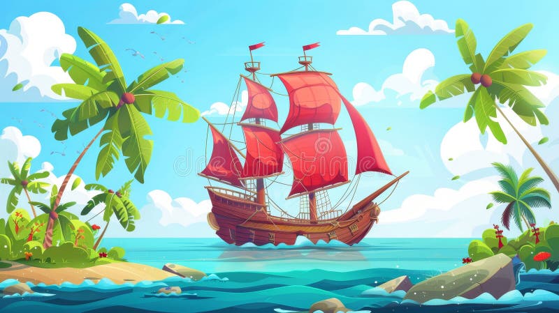 An ancient frigate, galleon sailboat, or caravel has plenty of sails and is floating at the surface of a calm sea. Cartoon modern illustration of the seascape with tropical island and palm trees.. AI generated. An ancient frigate, galleon sailboat, or caravel has plenty of sails and is floating at the surface of a calm sea. Cartoon modern illustration of the seascape with tropical island and palm trees.. AI generated
