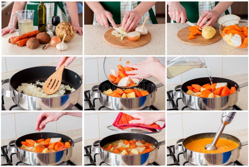 A Step by Step Collage of Making Carrot, Potato and Celery Cream Soup. A Step by Step Collage of Making Carrot, Potato and Celery Cream Soup