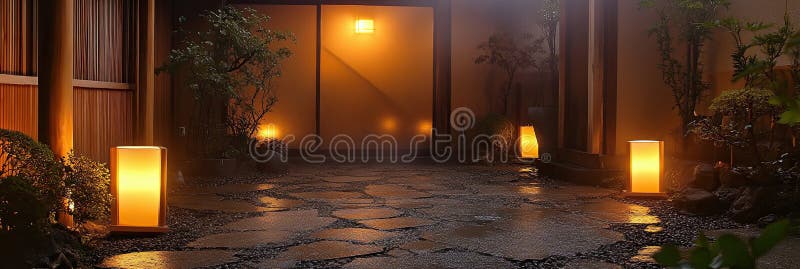 Ένα γαλήνιο ιαπωνικό προαύλιο, στολισμένο με λαμπερά φανάρια, πλούσιο πράσινο και παραδοσιακή αρχιτεκτονική που προκαλεί ηρεμία απεικόνιση αποθεμάτων