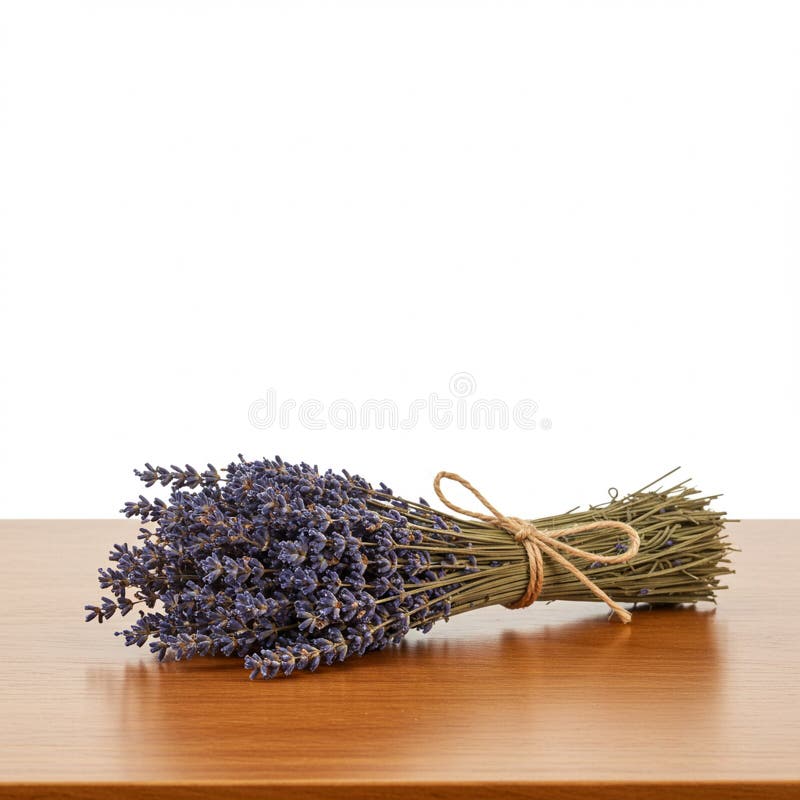 Ένα δέμα αποξηραμένης λεβάντα Lavandula στηρίζεται σε ξύλινη επιφάνεια. Η λεβάντα απεικόνιση αποθεμάτων
