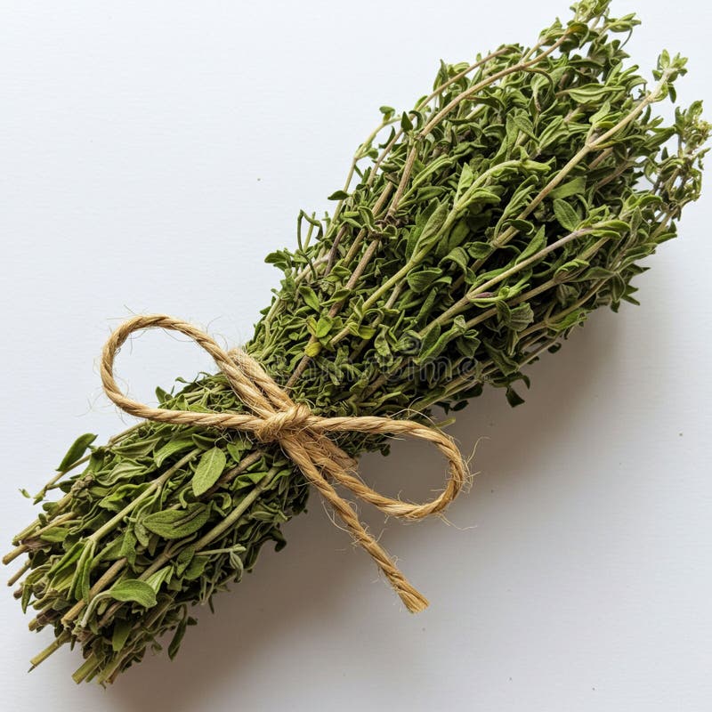 Ένα δέμα αποξηραμένου θυμαριού Thymus vulgaris είναι καλά δεμένο με μια φυσική χορδή γιούτας. Η. Τα μικρά πράσινα φύλλα με ξύλινα στελέχη είναι στενά συσκευασμένα, υποδεικνύοντας φρεσκάδα και αρωματική ποιότητα. Τοποθετημένο σε λευκό λευκό φόντο, η διάταξη επισημαίνει την υφή και τη δομή του ποδιού. Το θυμάρι που χρησιμοποιείται συχνά σε μαγειρικές εφαρμογές δίνει ευφάνταστη έμφαση στα πιάτα.