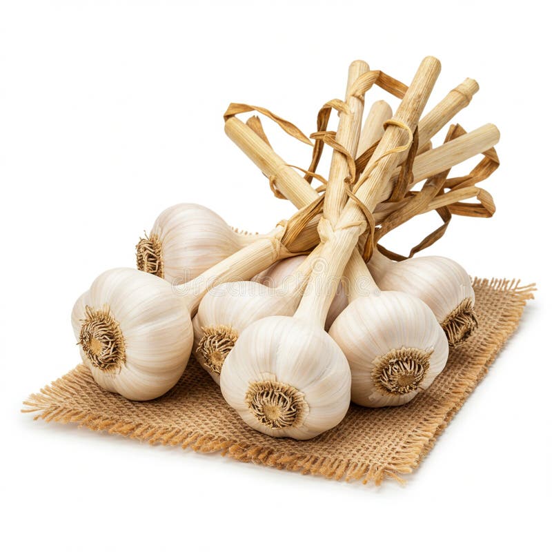 Ένα δέμα αποξηραμένων βολβών σκόρδου Allium sativum με μακριά στελέχη δεμένα. Οι βολβοί απεικόνιση αποθεμάτων