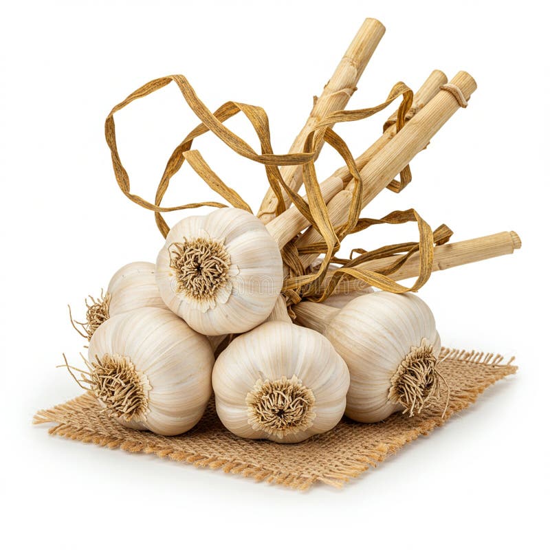 Ένα δέμα από σκόρδους Allium sativum με λευκό δέρμα παπαριάς και αποξηραμένο καφέ απεικόνιση αποθεμάτων
