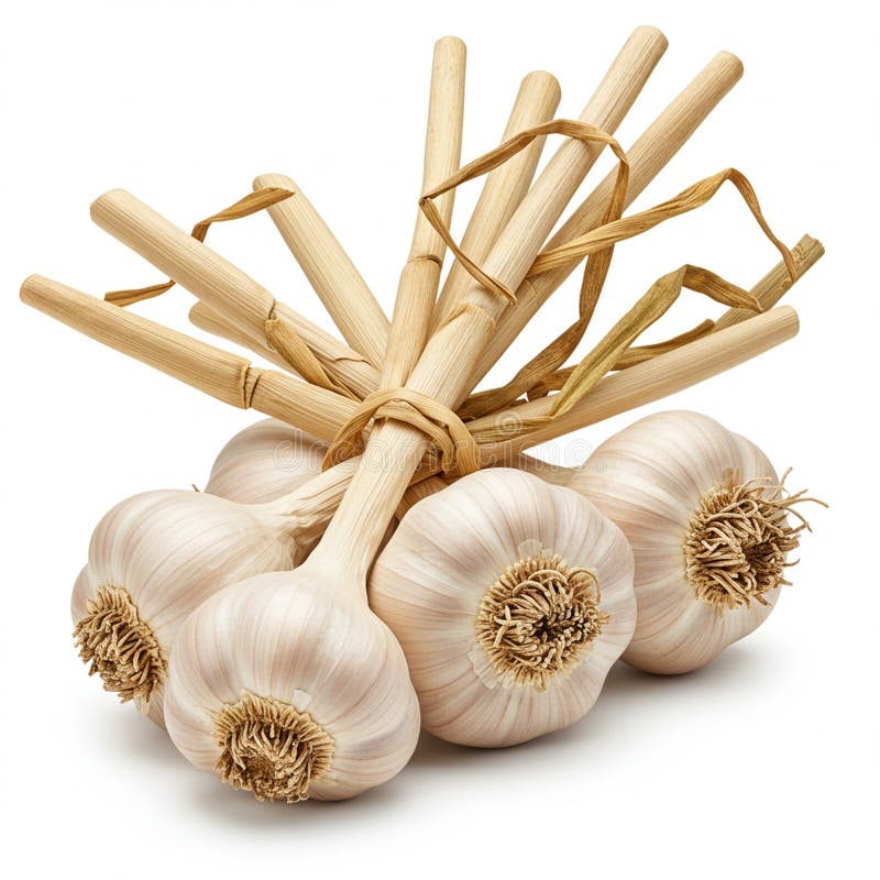 Ένα δέμα βολβών σκόρδου Allium sativum με αποξηραμένους μίσχους δεμένους. Οι βολβοί είναι διανυσματική απεικόνιση