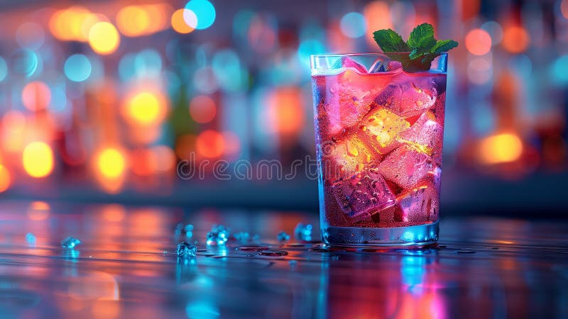 This clear glass filled with ice cubes and topped with a fresh mint leaf on a wooden table. AI generated. This clear glass filled with ice cubes and topped with a fresh mint leaf on a wooden table. AI generated