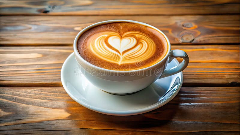 Ένα Εξαιρετικό Καρδιά Latte Art: Μια κοντινή μελέτη της Τελειότητας του Καφέ σε ένα Ξύλινο Τραπέζι, Αριστοτεχνικά Αποτυπωμένο σε απεικόνιση αποθεμάτων