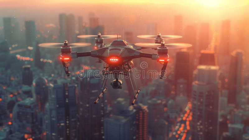ένα ερασιτεχνικό drone εξοπλισμένο με φωτογραφική μηχανή που πετάει πάνω από ένα αστικό τοπίο με ηλιοβασίλεμα που αιχμαλωτίζει τις διανυσματική απεικόνιση
