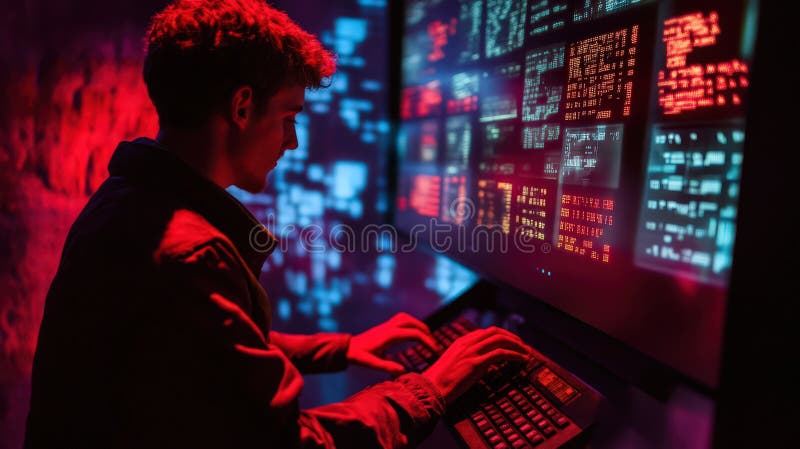 Ένα εστιασμένο άτομο εμπλέκεται με λαμπερές οθόνες σε σκοτεινό δωμάτιο επιδεικνύοντας τεχνολογία και αλληλεπίδραση δεδομένων σε έν διανυσματική απεικόνιση