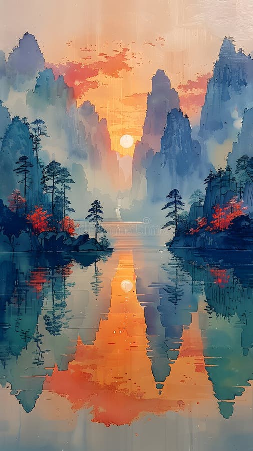 An art piece depicting the afterglow of a sunset over a lake surrounded by mountains, with a beautiful orange sky and clouds reflecting in the water AI generated. An art piece depicting the afterglow of a sunset over a lake surrounded by mountains, with a beautiful orange sky and clouds reflecting in the water AI generated