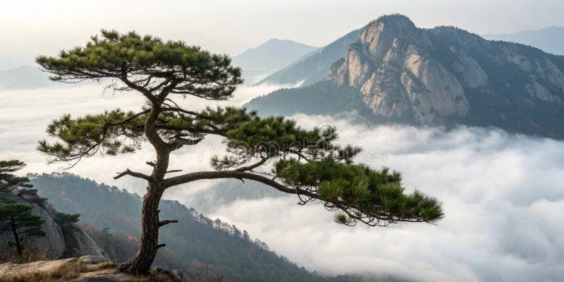 Ένα ημίχρονο πρωινό διασχίζει το όρος Bukhansan Εντυπωσιακή χρονική πτώση 4K ενός μοναχικού πεύκου στη Νότια Κορέα απεικόνιση αποθεμάτων