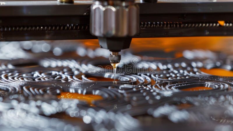 ένα κλείσιμο ενός ακροφυσίου εκτυπωτή 3d με ακρίβεια στην τοποθέτηση του επιπέδου μετά από ένα στρώμα από λιωμένο πλαστικό δημιουρ στοκ φωτογραφίες με δικαίωμα ελεύθερης χρήσης