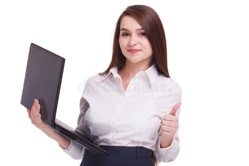 Ένα κορίτσι, κρατά ένα ανοικτό lap-top και παρουσιάζει χειρονομία αντίχειρων η ανασκόπηση απομόνωσε το λευκό στοκ φωτογραφίες Ένα κορίτσι, κρατά ένα ανοικτό lap-top και παρουσιάζει χειρονομία αντίχειρων η ανασκόπηση απομόνωσε το λευκό στοκ φωτογραφίες