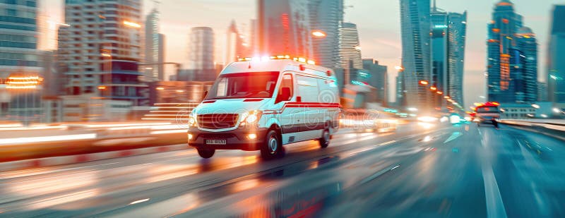ένα λευκό ασθενοφόρο οδηγεί σε ένα δρόμο της πόλης μέσω εικόνας που παράγεται από την ai στοκ εικόνα